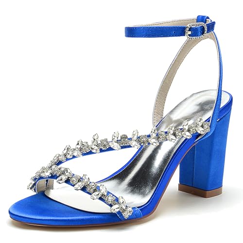Elegant Rhinestone Strap Hochzeit Sandalen Blockabsatz für Damen Knöchelriemchen Braut Heels Dressy Open Toe Cocktail Party ScHöhe Satin Royal Blue Size 40 von Galindopia