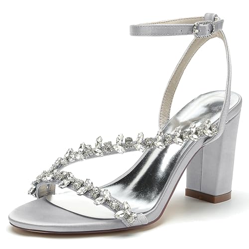 Elegant Rhinestone Strap Hochzeit Sandalen Blockabsatz für Damen Knöchelriemchen Braut Heels Dressy Open Toe Cocktail Party ScHöhe Satin Silver Size 42 Elegant Rhinestone Strap Hochzeit Sandalen Blockabsatz für Damen Knöchelriemchen Braut Heels Dressy Open Toe Cocktail Party ScHöhe Satin Silver Size 42 von Galindopia