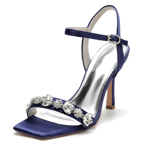 Elegant Rhinestone Strap Hochzeit Sandalen Stiletto für Damen Knöchelriemchen Braut Heels Dressy Square Toe Cocktail Party ScHöhe Satin Dark-Blue Size 39 von Galindopia
