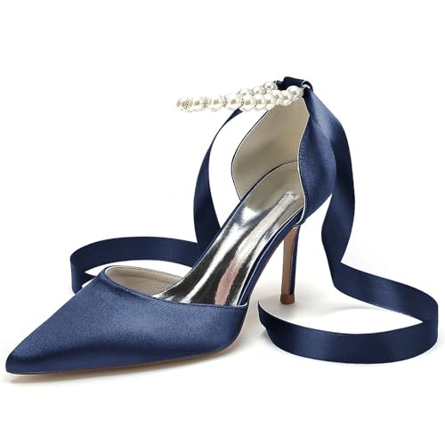Elegant Ribbon Bow Pearl Hochzeit ScHöhe Stiletto für Damen Knöchelriemchen Braut Heels Dressy Pumps D Orsay Cocktail Party ScHöhe Satin Dark-Blue Size 39 von Galindopia