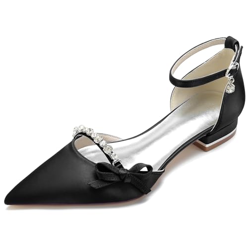 Elegant Satin Hochzeit ScHöhe Rhinestone Flach Pumps Gemütlich D Orsay Ruffles Pointed Toe Knöchelriemchen Damen Dressy Party ScHöhe Black Size 38 von Galindopia