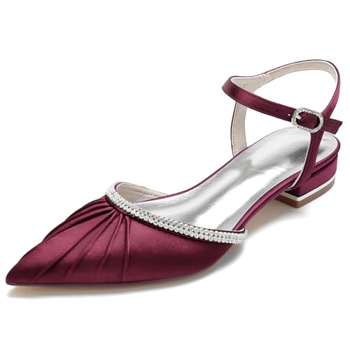 Elegant Satin Hochzeit ScHöhe Rhinestone Flach Pumps Gemütlich D Orsay Ruffles Pointed Toe Knöchelriemchen Damen Dressy Party ScHöhe Burgundy Size 40 von Galindopia