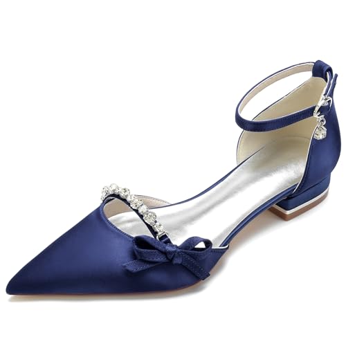 Elegant Satin Hochzeit ScHöhe Rhinestone Flach Pumps Gemütlich D Orsay Ruffles Pointed Toe Knöchelriemchen Damen Dressy Party ScHöhe Dark-Blue Size 39 von Galindopia