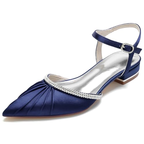 Elegant Satin Hochzeit ScHöhe Rhinestone Flach Pumps Gemütlich D Orsay Ruffles Pointed Toe Knöchelriemchen Damen Dressy Party ScHöhe Dark-Blue Size 40 von Galindopia