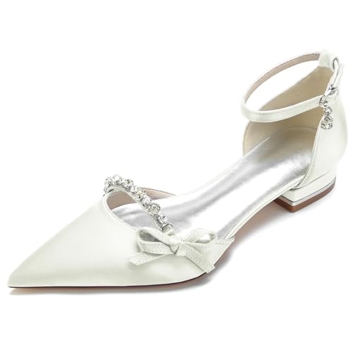 Elegant Satin Hochzeit ScHöhe Rhinestone Flach Pumps Gemütlich D Orsay Ruffles Pointed Toe Knöchelriemchen Damen Dressy Party ScHöhe Pear White Size 41 von Galindopia