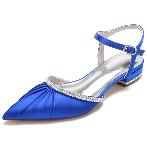 Elegant Satin Hochzeit ScHöhe Rhinestone Flach Pumps Gemütlich D Orsay Ruffles Pointed Toe Knöchelriemchen Damen Dressy Party ScHöhe Royal Blue Size 42 von Galindopia