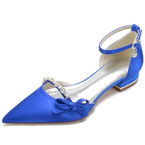 Elegant Satin Hochzeit ScHöhe Rhinestone Flach Pumps Gemütlich D Orsay Ruffles Pointed Toe Knöchelriemchen Damen Dressy Party ScHöhe Royal Blue Size 42 von Galindopia