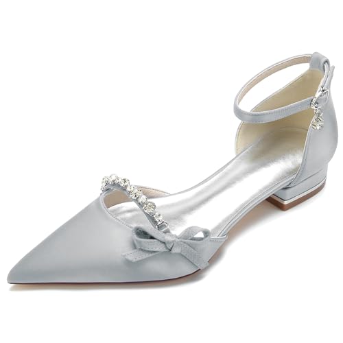 Elegant Satin Hochzeit ScHöhe Rhinestone Flach Pumps Gemütlich D Orsay Ruffles Pointed Toe Knöchelriemchen Damen Dressy Party ScHöhe Silver Size 40 von Galindopia