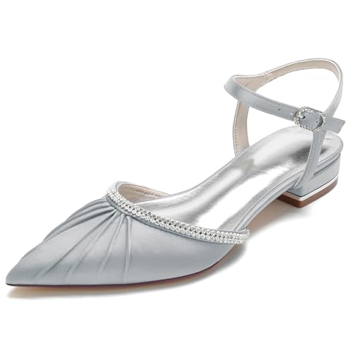 Elegant Satin Hochzeit ScHöhe Rhinestone Flach Pumps Gemütlich D Orsay Ruffles Pointed Toe Knöchelriemchen Damen Dressy Party ScHöhe Silver Size 41 von Galindopia