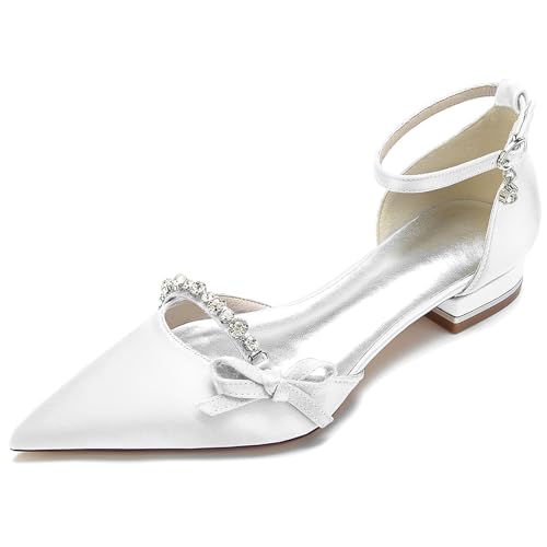 Elegant Satin Hochzeit ScHöhe Rhinestone Flach Pumps Gemütlich D Orsay Ruffles Pointed Toe Knöchelriemchen Damen Dressy Party ScHöhe White Size 39 von Galindopia