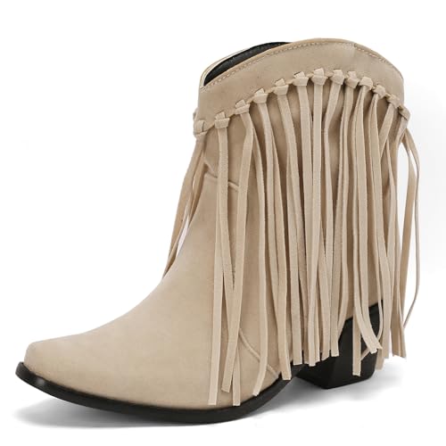 Galindopia DaHerren Ankle High Western Stiefel Franse Pointed Toe Chunky Block Heel Cowgirl Stiefel Quasten Schuhe Botas para Mujer Wildleder Beige Size 40 von Galindopia