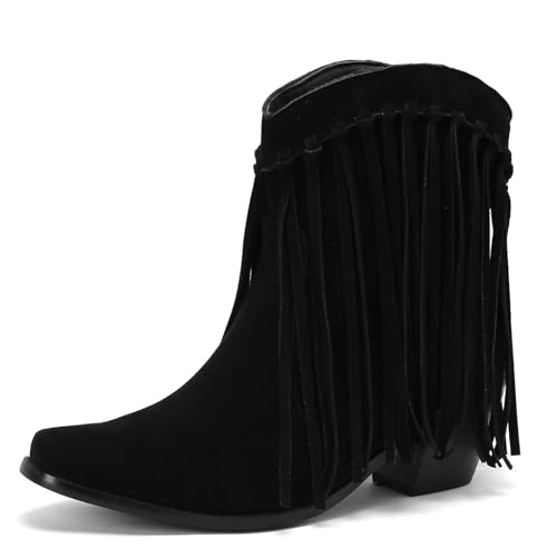 Galindopia DaHerren Ankle High Western Stiefel Franse Pointed Toe Chunky Block Heel Cowgirl Stiefel Quasten Schuhe Botas para Mujer Wildleder Black Size 39 von Galindopia