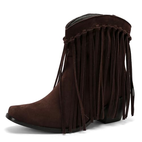 Galindopia DaHerren Ankle High Western Stiefel Franse Pointed Toe Chunky Block Heel Cowgirl Stiefel Quasten Schuhe Botas para Mujer Wildleder Dark-Brown Size 43 von Galindopia