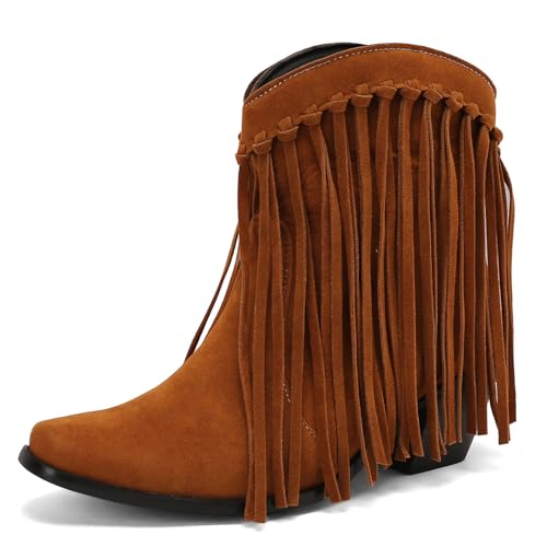 Galindopia DaHerren Ankle High Western Stiefel Franse Pointed Toe Chunky Block Heel Cowgirl Stiefel Quasten Schuhe Botas para Mujer Wildleder Yellow Size 36 von Galindopia