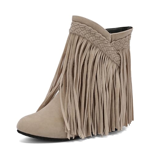 Galindopia DaHerren Ankle High Western Stiefel Franse Pointed Toe Chunky Wedge Increasing Heel Cowgirl Stiefel Quasten Schuhe Botas para Mujer Beige Size 45 von Galindopia