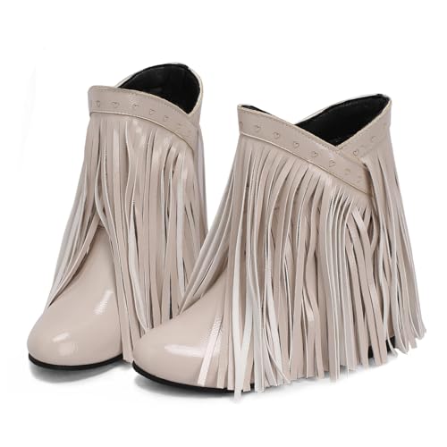 Galindopia DaHerren Ankle High Western Stiefel Franse Pointed Toe Chunky Wedge Increasing Heel Cowgirl Stiefel Quasten Schuhe Botas para Mujer Beige Size 47 von Galindopia