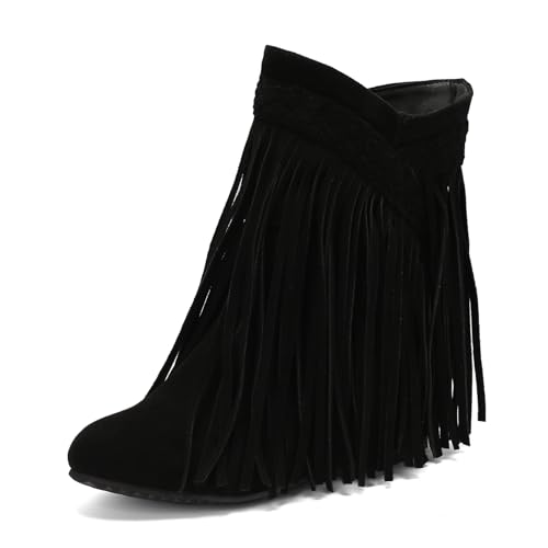 Galindopia DaHerren Ankle High Western Stiefel Franse Pointed Toe Chunky Wedge Increasing Heel Cowgirl Stiefel Quasten Schuhe Botas para Mujer Black Size 38 von Galindopia