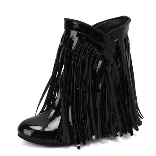 Galindopia DaHerren Ankle High Western Stiefel Franse Pointed Toe Chunky Wedge Increasing Heel Cowgirl Stiefel Quasten Schuhe Botas para Mujer Black Size 43 von Galindopia