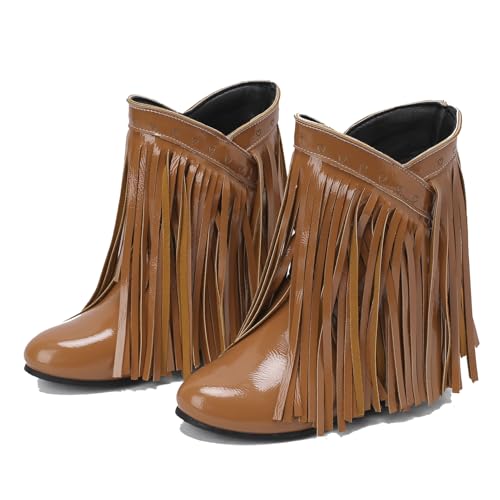 Galindopia DaHerren Ankle High Western Stiefel Franse Pointed Toe Chunky Wedge Increasing Heel Cowgirl Stiefel Quasten Schuhe Botas para Mujer Brown Size 37 von Galindopia