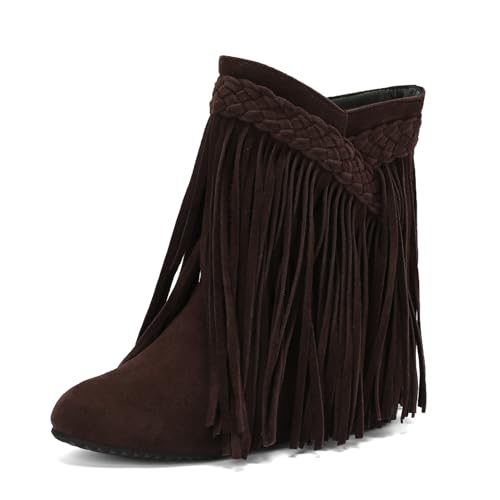 Galindopia DaHerren Ankle High Western Stiefel Franse Pointed Toe Chunky Wedge Increasing Heel Cowgirl Stiefel Quasten Schuhe Botas para Mujer Brown Size 41 von Galindopia