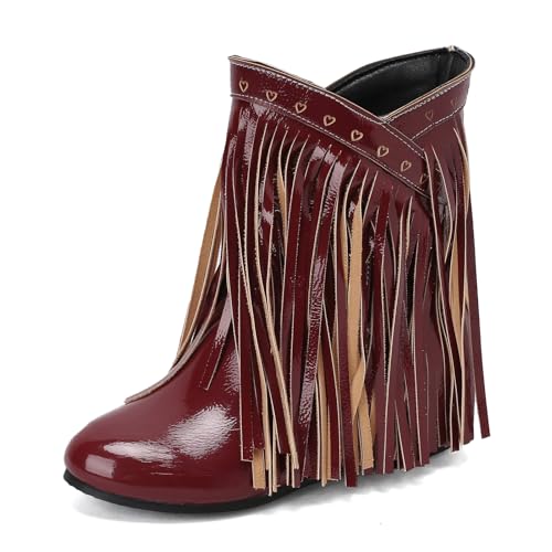 Galindopia DaHerren Ankle High Western Stiefel Franse Pointed Toe Chunky Wedge Increasing Heel Cowgirl Stiefel Quasten Schuhe Botas para Mujer Burgundy Size 37 von Galindopia