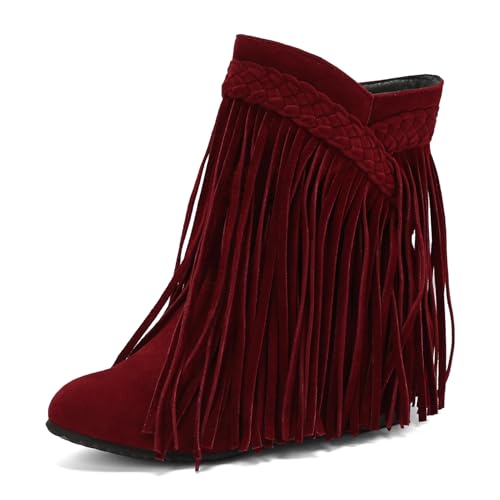 Galindopia DaHerren Ankle High Western Stiefel Franse Pointed Toe Chunky Wedge Increasing Heel Cowgirl Stiefel Quasten Schuhe Botas para Mujer Burgundy Size 46 von Galindopia