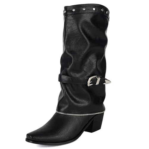 Galindopia DaHerren Cowgirl Stiefel Mid Calf Fold Over Colllar Block High Heel Jahrgang Western Halbe Stiefel Botas de Vaquero para Mujer Black Size 43 von Galindopia