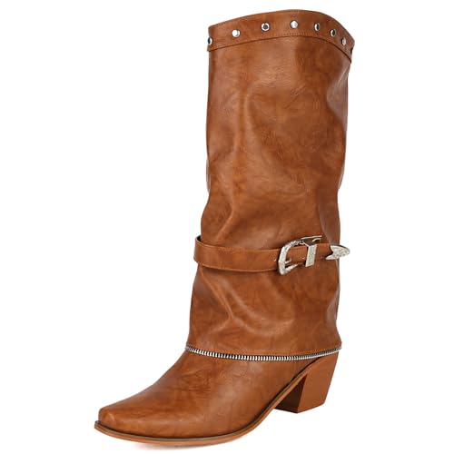 Galindopia DaHerren Cowgirl Stiefel Mid Calf Fold Over Colllar Block High Heel Jahrgang Western Halbe Stiefel Botas de Vaquero para Mujer Brown Size 45 von Galindopia