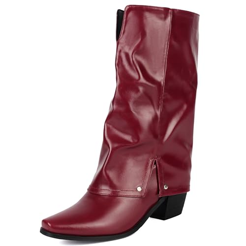 Galindopia DaHerren Cowgirl Stiefel Mid Calf Fold Over Colllar Block High Heel Jahrgang Western Halbe Stiefel Botas de Vaquero para Mujer Red Size 41 von Galindopia