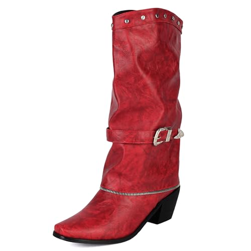Galindopia DaHerren Cowgirl Stiefel Mid Calf Fold Over Colllar Block High Heel Jahrgang Western Halbe Stiefel Botas de Vaquero para Mujer Red Size 48 von Galindopia