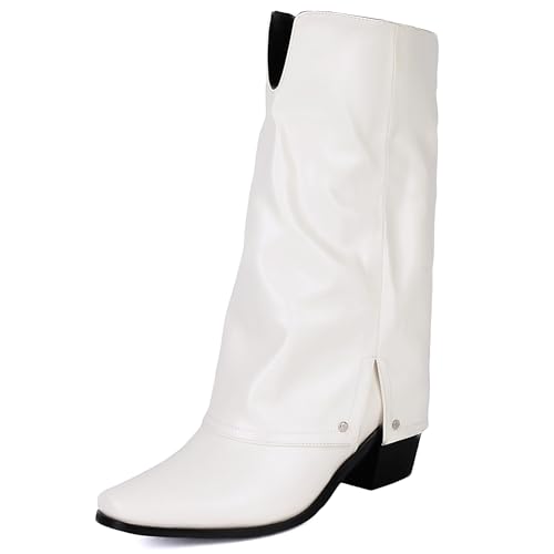 Galindopia DaHerren Cowgirl Stiefel Mid Calf Fold Over Colllar Block High Heel Jahrgang Western Halbe Stiefel Botas de Vaquero para Mujer White Size 43 von Galindopia