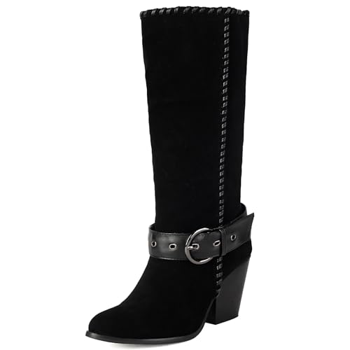 Galindopia DaHerren Cowgirl Stiefel Mid Calf Fold Over Colllar Block High Heel Jahrgang Western Slouch Halbe Stiefel Belt Decorate Wildleder Schuhe Black Size 38 von Galindopia