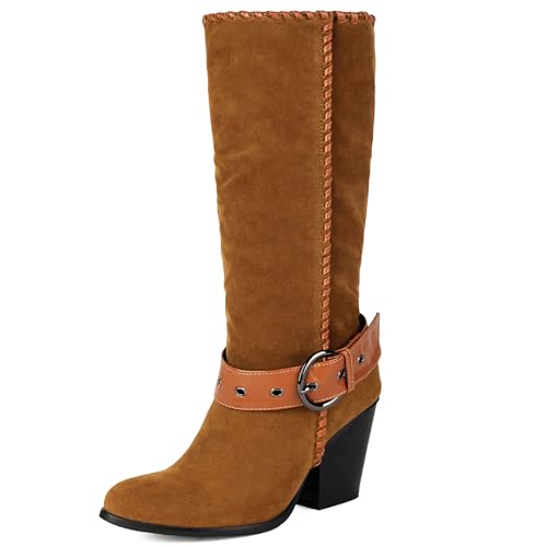 Galindopia DaHerren Cowgirl Stiefel Mid Calf Fold Over Colllar Block High Heel Jahrgang Western Slouch Halbe Stiefel Belt Decorate Wildleder Schuhe Camel Size 35 von Galindopia