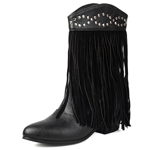 Galindopia DaHerren Cowgirl Stiefel Mid Calf Franse Block High Heel Jahrgang Western Kurze Stiefel Botas de Vaquero para Mujer Pull on Schuhe Black Size 38 von Galindopia