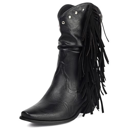 Galindopia DaHerren Cowgirl Stiefel Mid Calf Franse Block High Heel Jahrgang Western Kurze Stiefel Botas de Vaquero para Mujer Pull on Schuhe Black Size 48 von Galindopia