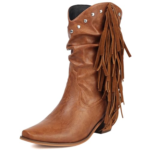 Galindopia DaHerren Cowgirl Stiefel Mid Calf Franse Block High Heel Jahrgang Western Kurze Stiefel Botas de Vaquero para Mujer Pull on Schuhe Brown Size 37 von Galindopia