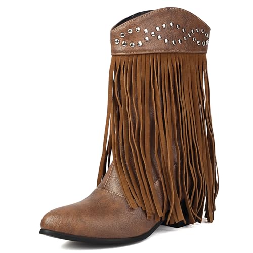 Galindopia DaHerren Cowgirl Stiefel Mid Calf Franse Block High Heel Jahrgang Western Kurze Stiefel Botas de Vaquero para Mujer Pull on Schuhe Brown Size 48 von Galindopia