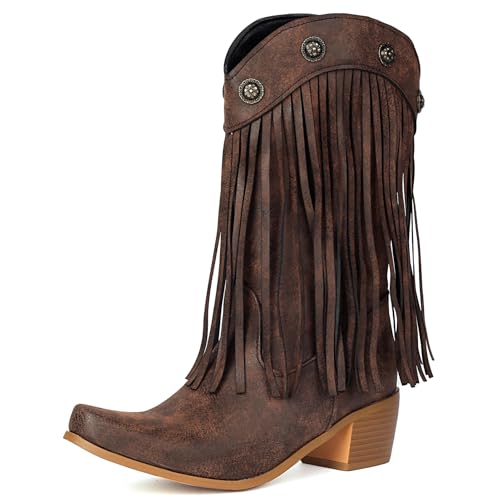 Galindopia DaHerren Cowgirl Stiefel Mid Calf Franse Block High Heel Jahrgang Western Kurze Stiefel Botas de Vaquero para Mujer Pull on Schuhe Coffee Size 38 von Galindopia