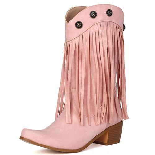 Galindopia DaHerren Cowgirl Stiefel Mid Calf Franse Block High Heel Jahrgang Western Kurze Stiefel Botas de Vaquero para Mujer Pull on Schuhe Pink Size 40 von Galindopia