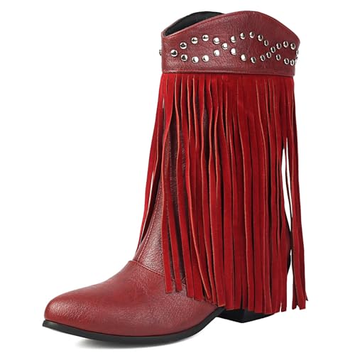 Galindopia DaHerren Cowgirl Stiefel Mid Calf Franse Block High Heel Jahrgang Western Kurze Stiefel Botas de Vaquero para Mujer Pull on Schuhe Red Size 41 von Galindopia