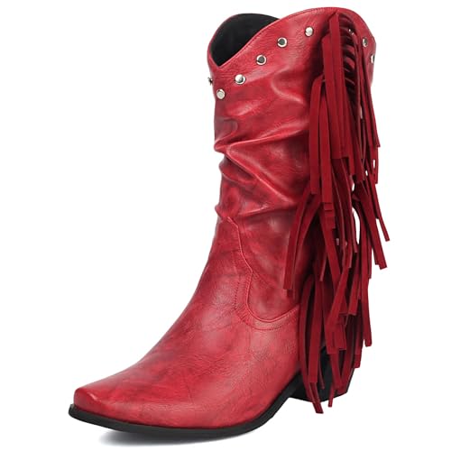 Galindopia DaHerren Cowgirl Stiefel Mid Calf Franse Block High Heel Jahrgang Western Kurze Stiefel Botas de Vaquero para Mujer Pull on Schuhe Red Size 46 von Galindopia