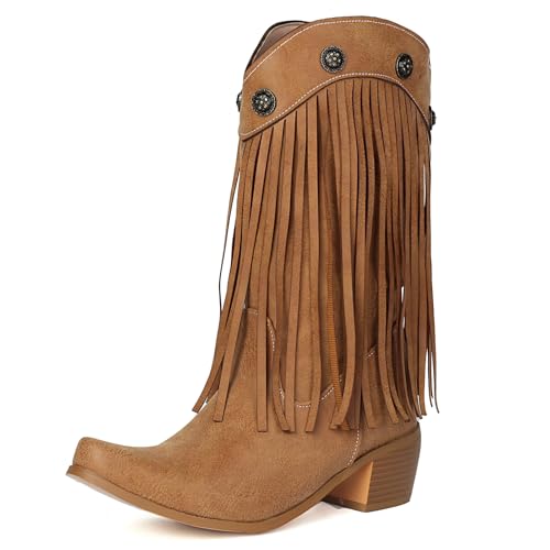 Galindopia DaHerren Cowgirl Stiefel Mid Calf Franse Block High Heel Jahrgang Western Kurze Stiefel Botas de Vaquero para Mujer Pull on Schuhe Yellow Size 44 von Galindopia