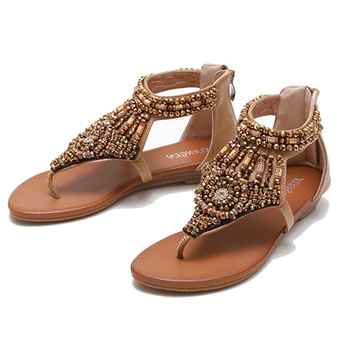Galindopia DaHerren Flach Zehentrenner Sandalen Rhinestone Beaded Bohemia Strand Schuhe Elastisch Knöchelriemchen Gemütlich Cushion Padded Flip Flops Apricot Size 37 von Galindopia
