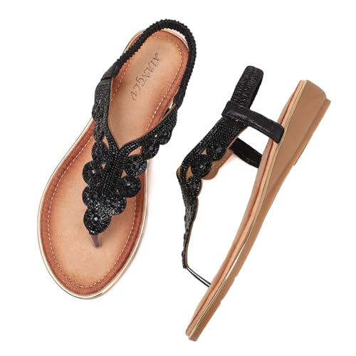 Galindopia DaHerren Flach Zehentrenner Sandalen Rhinestone Beaded Bohemia Strand Schuhe Elastisch Knöchelriemchen Gemütlich Cushion Padded Flip Flops Black Size 38 von Galindopia