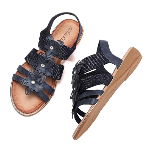 Galindopia DaHerren Flach Zehentrenner Sandalen Rhinestone Beaded Bohemia Strand Schuhe Elastisch Knöchelriemchen Gemütlich Cushion Padded Flip Flops Blue Size 40 von Galindopia