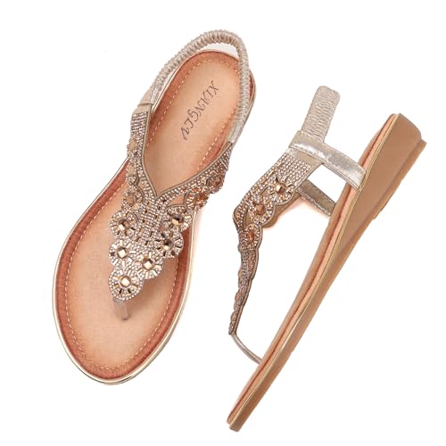 Galindopia DaHerren Flach Zehentrenner Sandalen Rhinestone Beaded Bohemia Strand Schuhe Elastisch Knöchelriemchen Gemütlich Cushion Padded Flip Flops Gold Size 38 von Galindopia