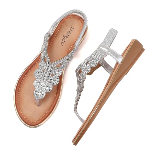 Galindopia DaHerren Flach Zehentrenner Sandalen Rhinestone Beaded Bohemia Strand Schuhe Elastisch Knöchelriemchen Gemütlich Cushion Padded Flip Flops Silver Size 36 von Galindopia