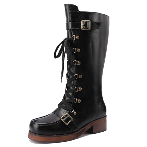 Galindopia DaHerren Kampfstiefel Mid Calf Lug Heel Flach Schnüren Motorcycle Stiefel Unisex Jahrgang Medieval Pirate Role Playing Schuhe Black Size 36 von Galindopia