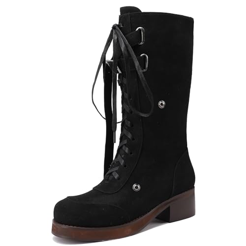 Galindopia DaHerren Kampfstiefel Mid Calf Lug Heel Flach Schnüren Motorcycle Stiefel Unisex Jahrgang Medieval Pirate Role Playing Schuhe Black Size 36 von Galindopia