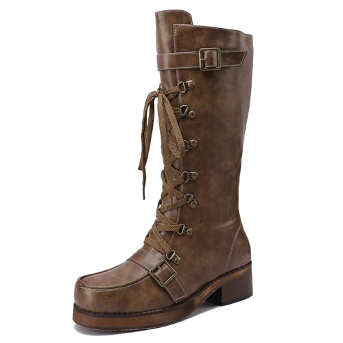 Galindopia DaHerren Kampfstiefel Mid Calf Lug Heel Flach Schnüren Motorcycle Stiefel Unisex Jahrgang Medieval Pirate Role Playing Schuhe Brown Size 36 von Galindopia